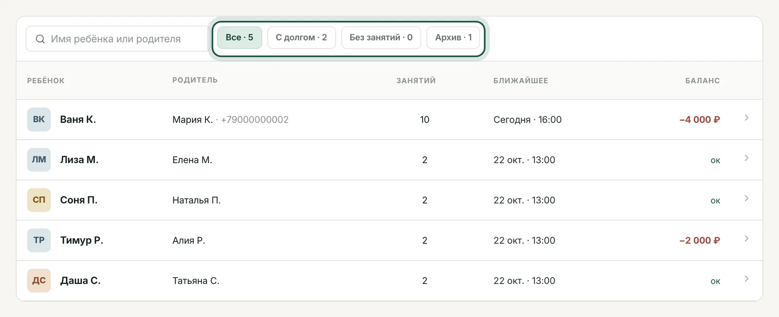 Фильтры списка клиентов