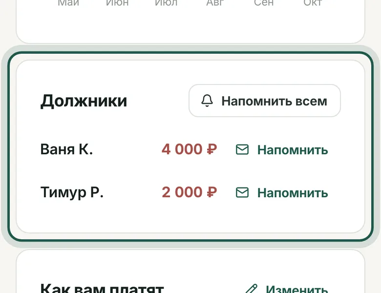 Должники и кнопка «Напомнить»