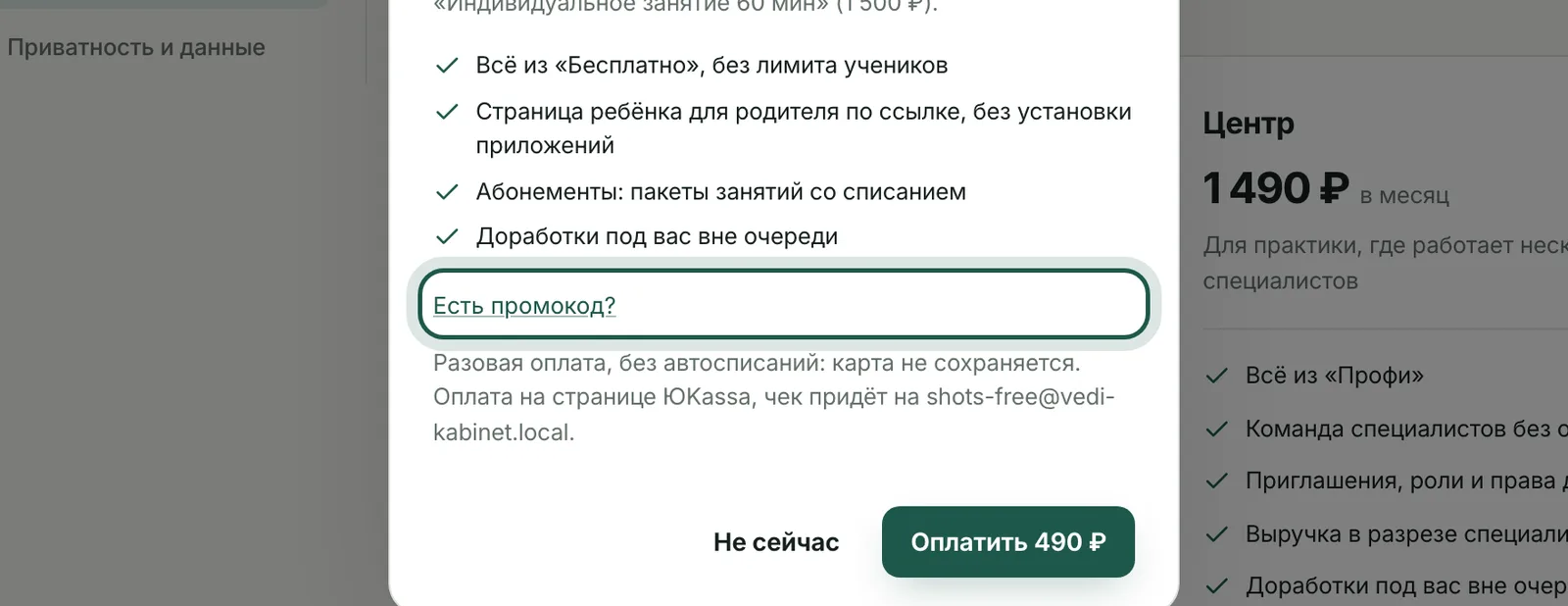 Окно оплаты с промокодом